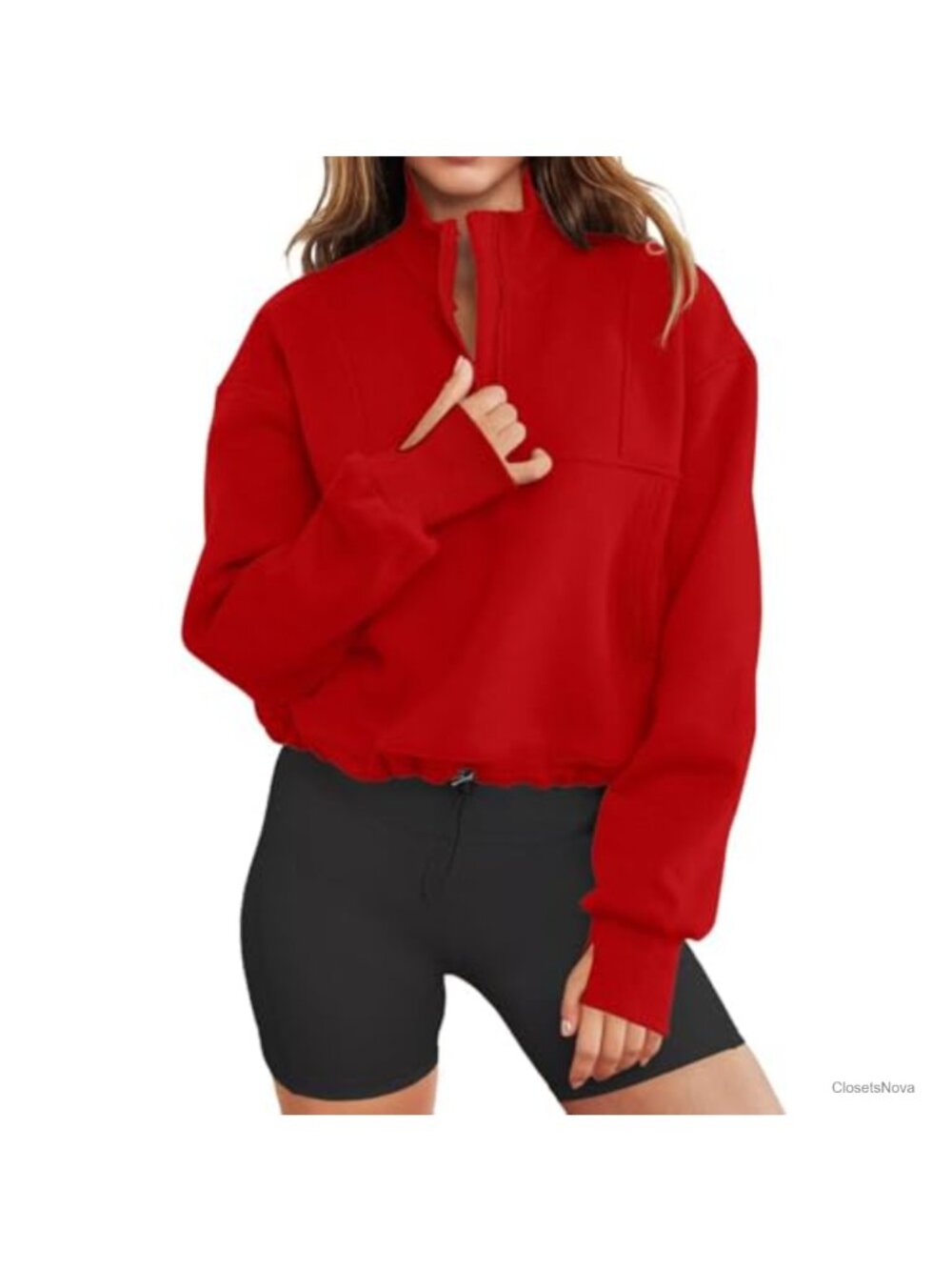 Women Long Sleeve Half Zip Cropped Sweatshirt Lightweight Pullover with Thumb